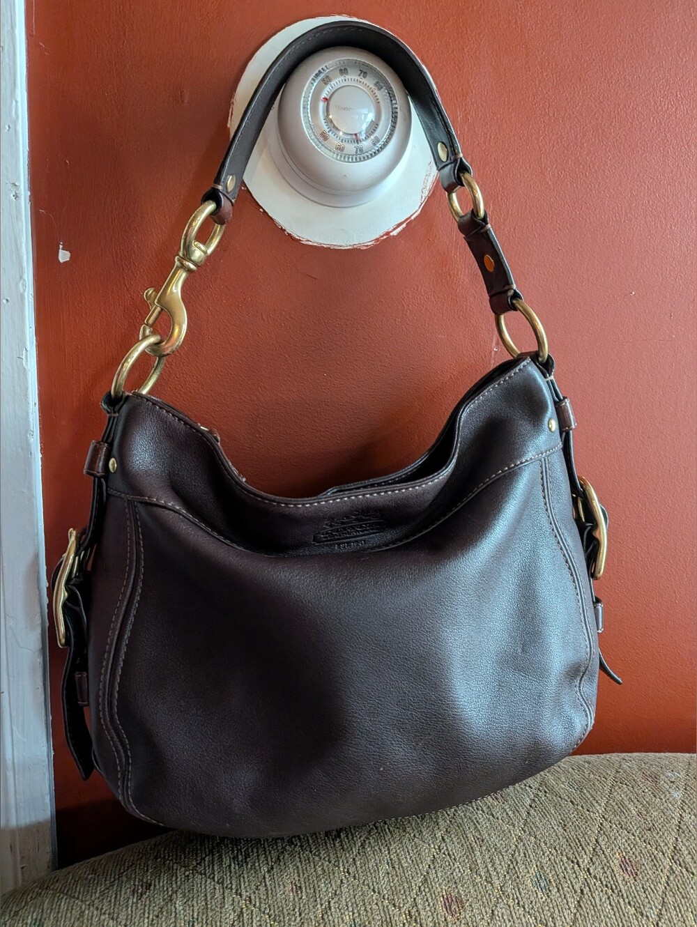 Coach Dark Brown Leather Hobo Shoulder Bag with Gold Hardware